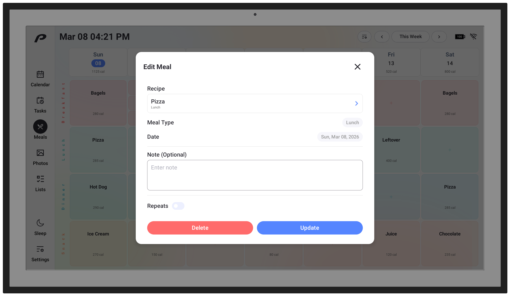 Editing Meals on device